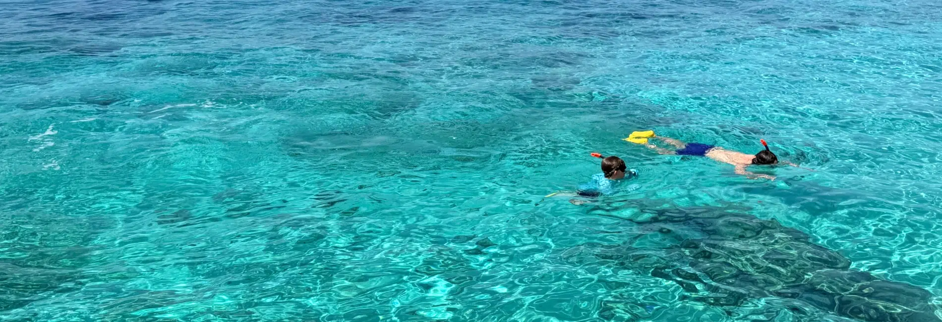 Snorkelers gliding over brilliant turquoise shallows of Bahia de las Aguilas
