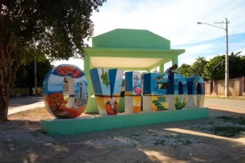 Colorful painted Oviedo town sign with local wildlife artwork