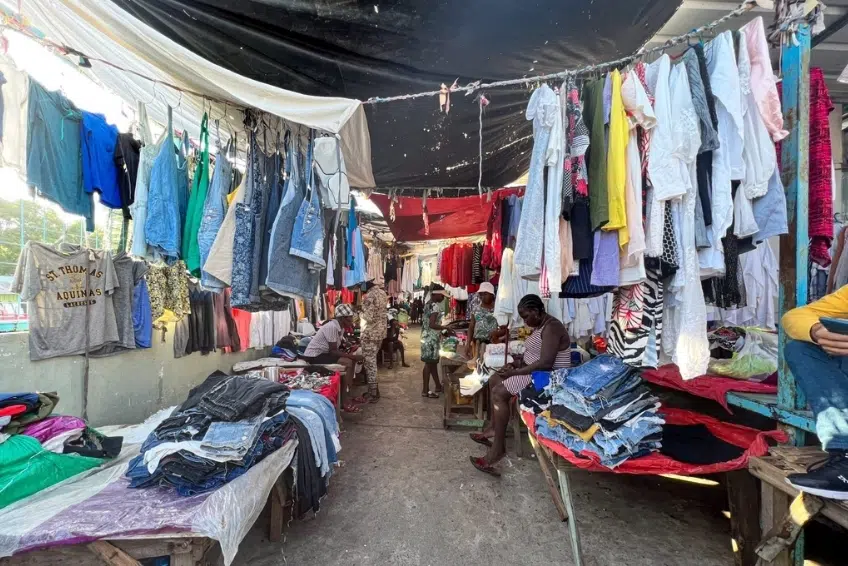Colorful clothing stalls at the busy Binational Border Market