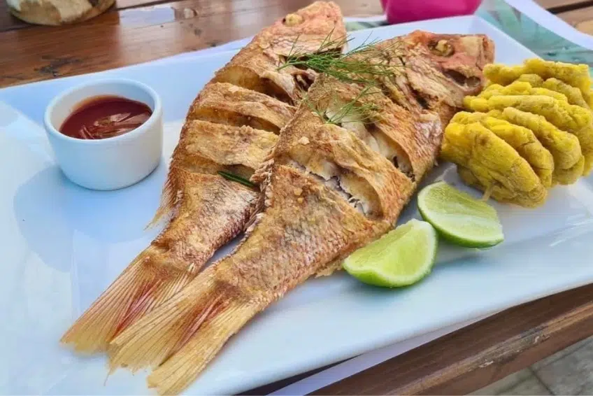 Fresh fried fish with moro rice and tostones