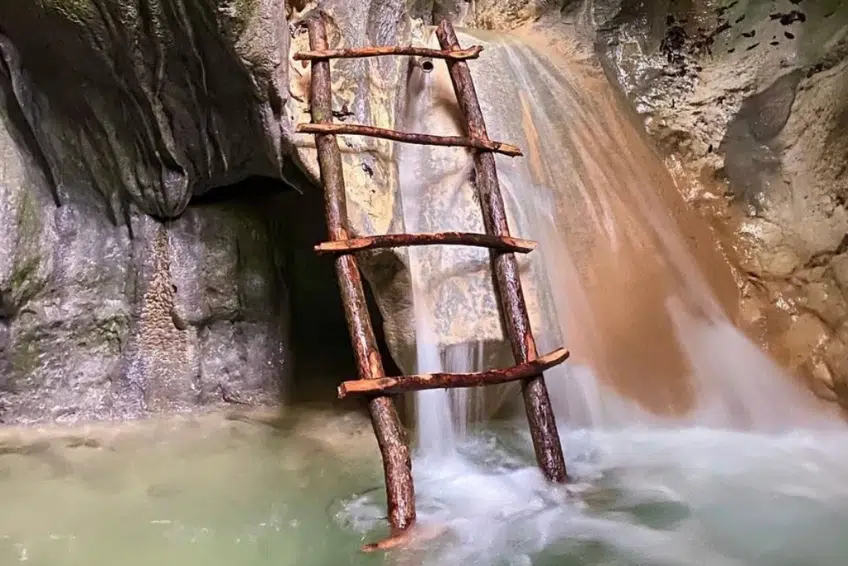 Wooden branch ladder leaning against waterfall at Cueva de la Virgen