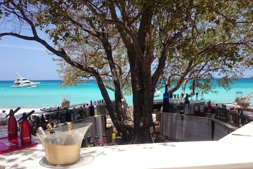 Open-air beach bar with champagne on ice and turquoise ocean view at Eco del Mar Beach Club