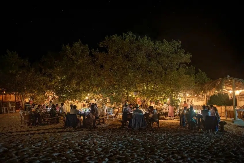 Evening dinner event under tree with string lights on beach at Eco del Mar Beach Club
