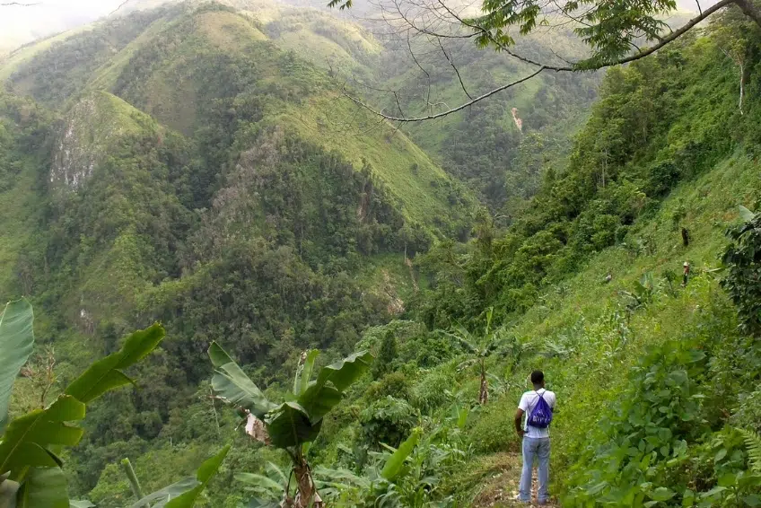 Hiker overlooking deep green mountain valley and canyon in Sierra de Bahoruco