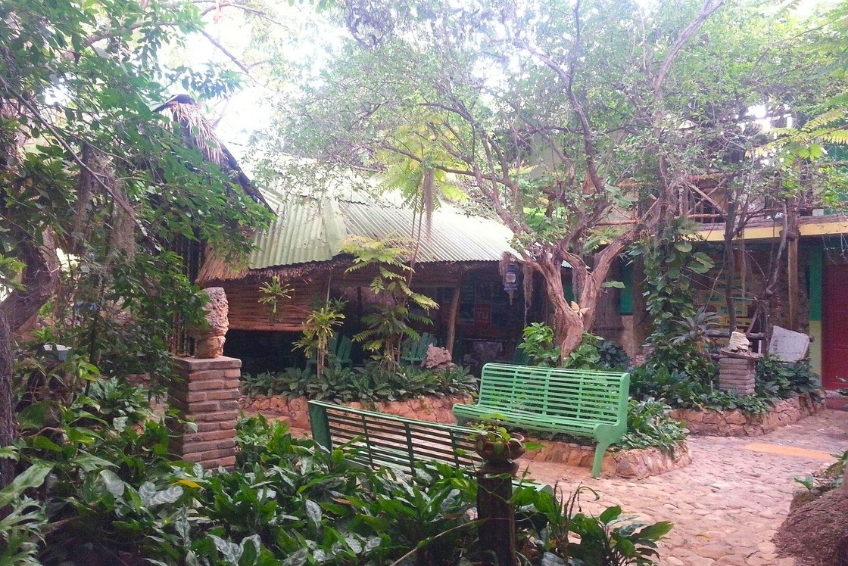 Lush garden courtyard with green bench at Hostal Dona Chava
