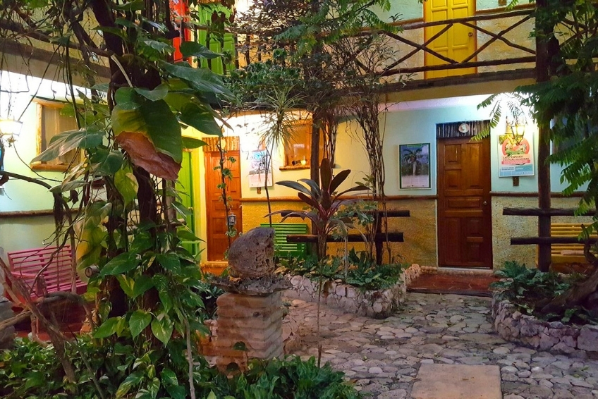 Colorful Hostal Dona Chava courtyard with lush tropical plants at night