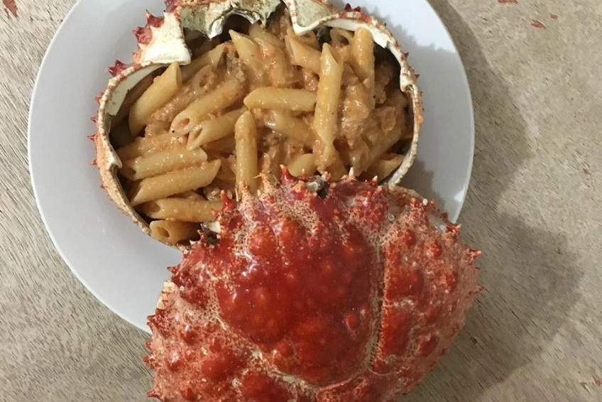 Penne pasta served inside an open crab shell meal served at Hotel Pedernales Italia