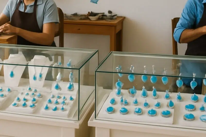 Larimar jewelry displayed in glass cases at local gem shop in Pedernales Town