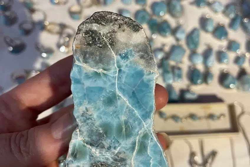 A raw blue larimar gemstone from Pedernales Town in Cabo Rojo