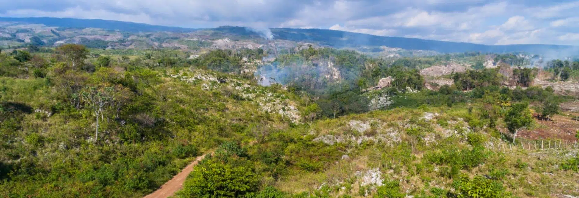 Rocky terrain with dirt road and cloud forest of Sierra de Bahoruco National Park
