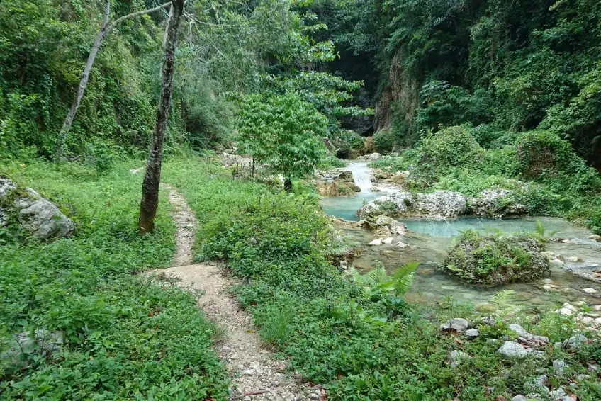 Turquoise river flowing through lush green canyon in Sierra de Bahoruco National Park
