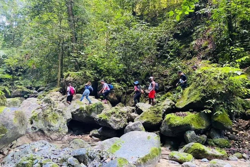 Hikers scrambling over mossy boulders to get to natural pool