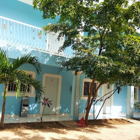 Where to Stay in Pedernales & Cabo Rojo - Oviedo Light blue colonial-style building with palm trees in Pedernales, Cabo Rojo, DR