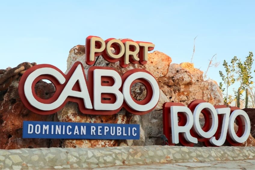 Colorful Port Cabo Rojo entrance sign at cruise destination