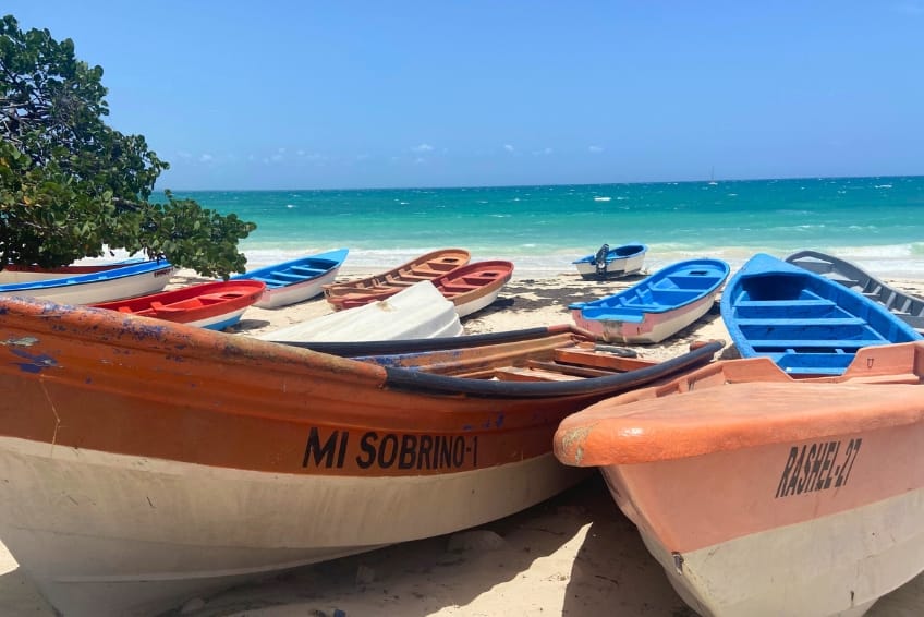Local Dominican fishing boats resting on sandy shores of Bahia de las Aguilas