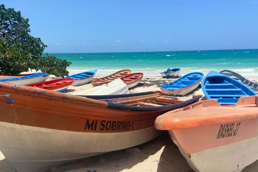 Local Dominican fishing boats resting on sandy shores of Bahia de las Aguilas