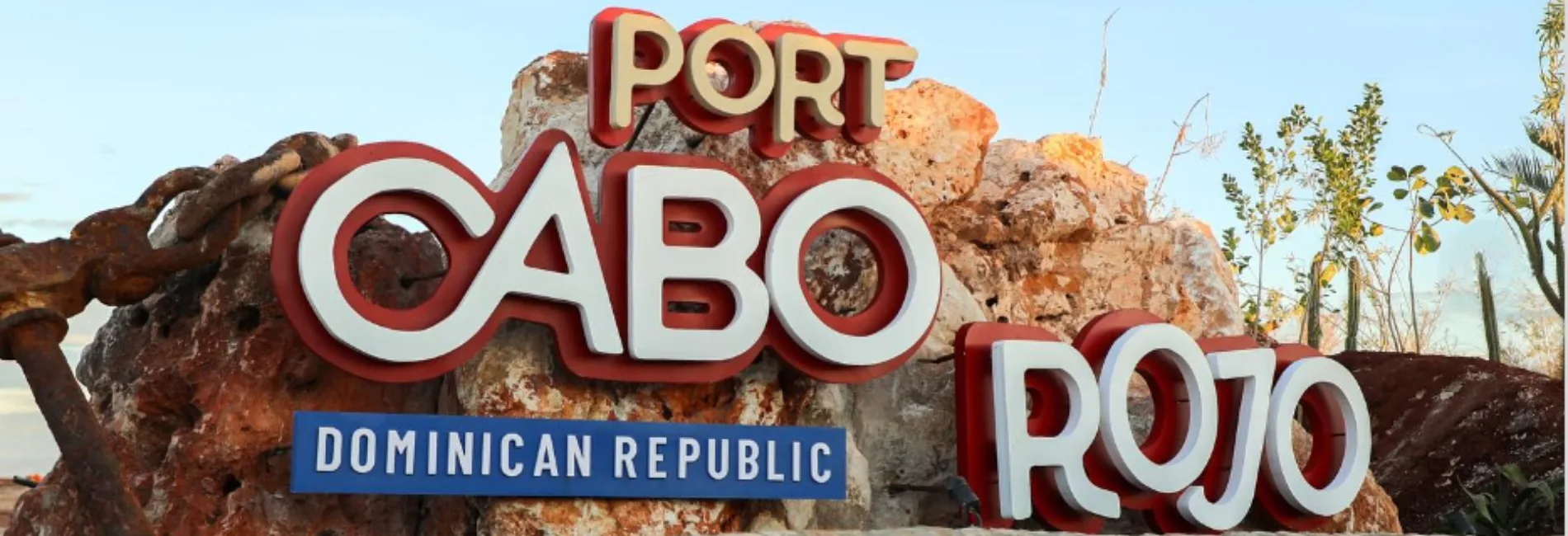 Port Cabo Rojo Dominican Republic welcome sign on rocks
