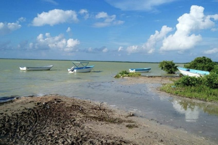 Small boats anchored along Laguna de Oviedo shoreline