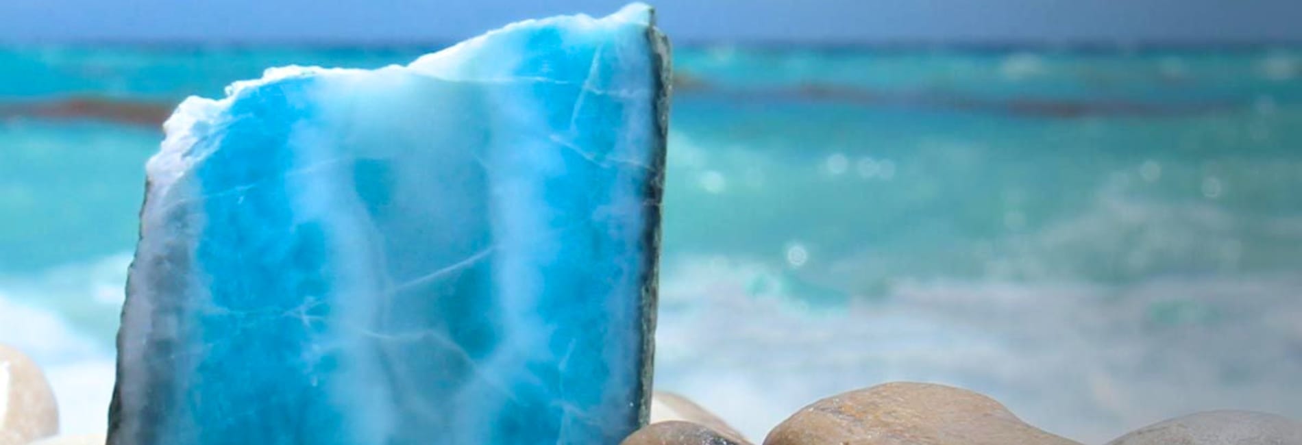 Raw Larimar stone with Cabo Rojo backdrop