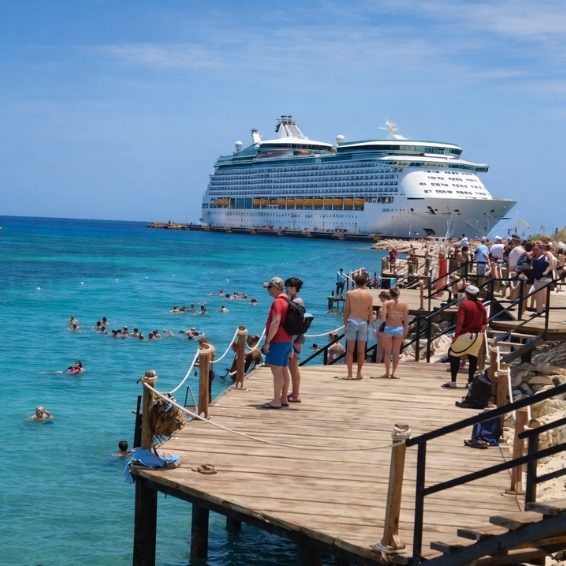 Cruise passengers swimming near ship at Cabo Rojo pier